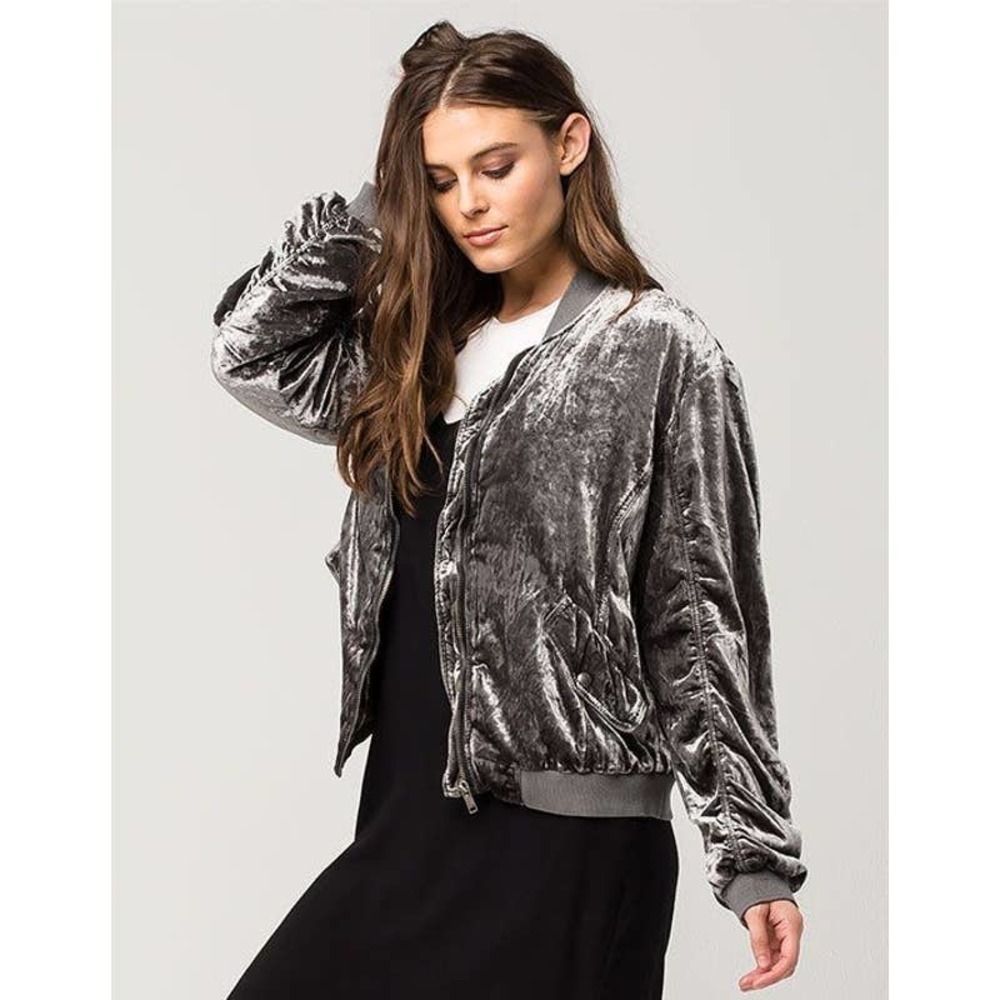Free People Gray Ruched Velvet Bomber Jacket Size XS